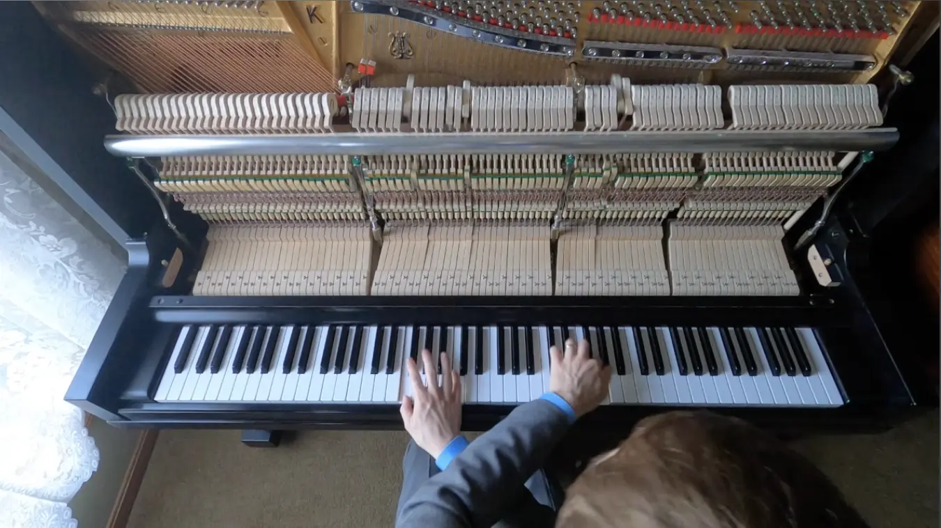 Overhead view of hands on the exposed piano action